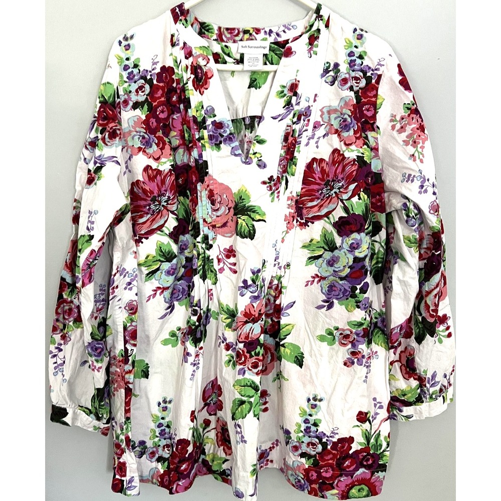 Soft Surroundings Shirt Women 1X Wht/Pink Floral Cotton Pintuck Tunic Boho Vneck